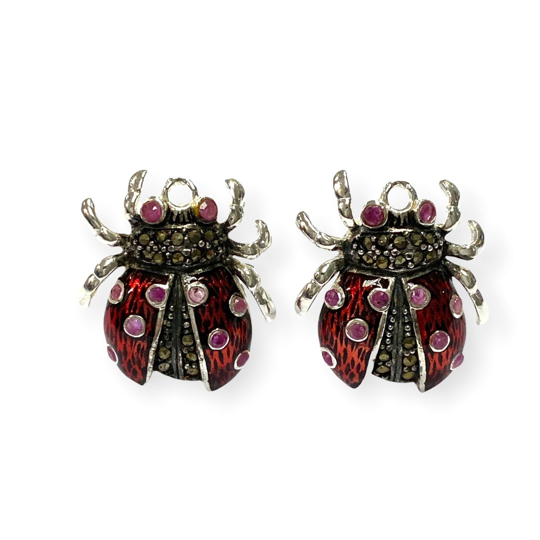Art Deco Style Ladybird with Ruby Stone Cufflinks 925 Sterling Silver Mens Gift - 袖扣 - 纯银 红色