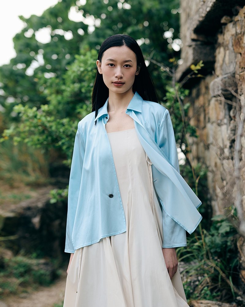 斜襟互搭长袖粉蓝色色丁衬衫 恤衫 - 女装衬衫 - 聚酯纤维 蓝色