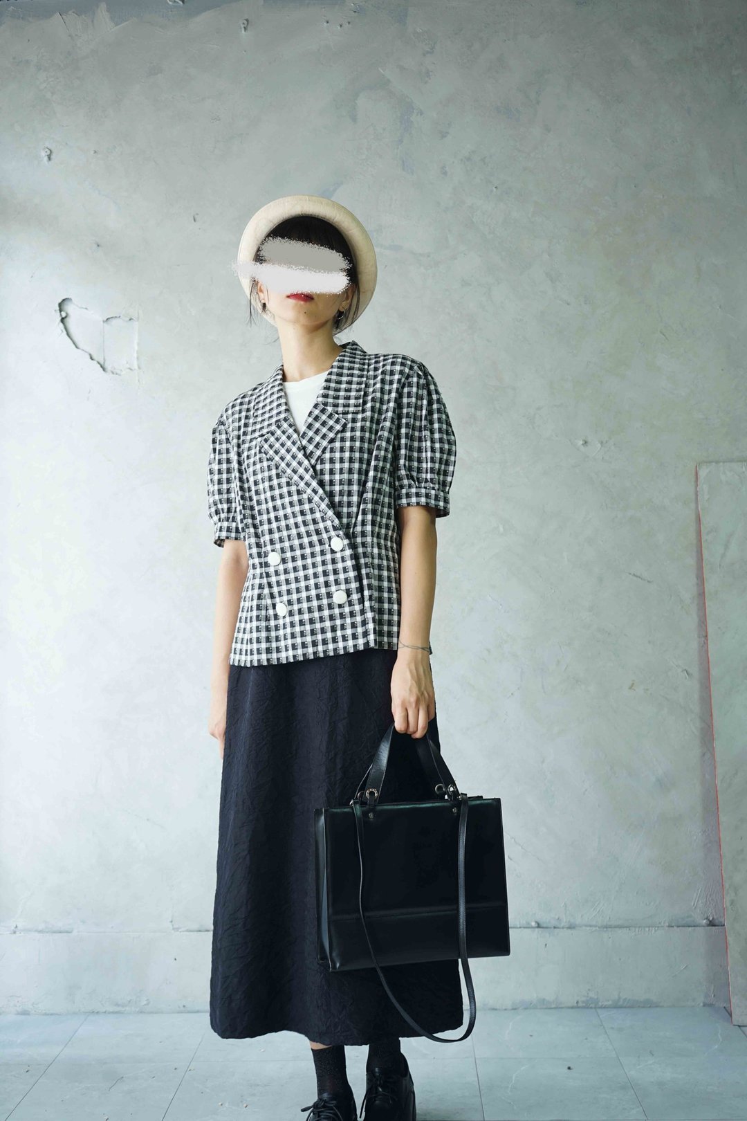 寻宝古着-黑白格小花复古澎袖短版双排扣西装外套 - 女装西装外套/风衣 - 聚酯纤维 黑色