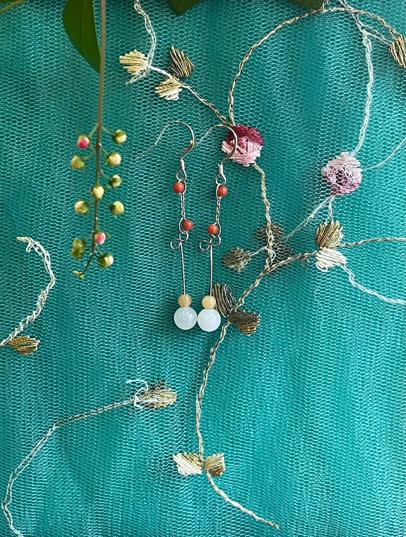 缅甸玉耳环 II 白翡珠X黄翡珠 I 防敏包金链缅甸A货翡翠耳环 - 耳环/耳夹 - 玉石 