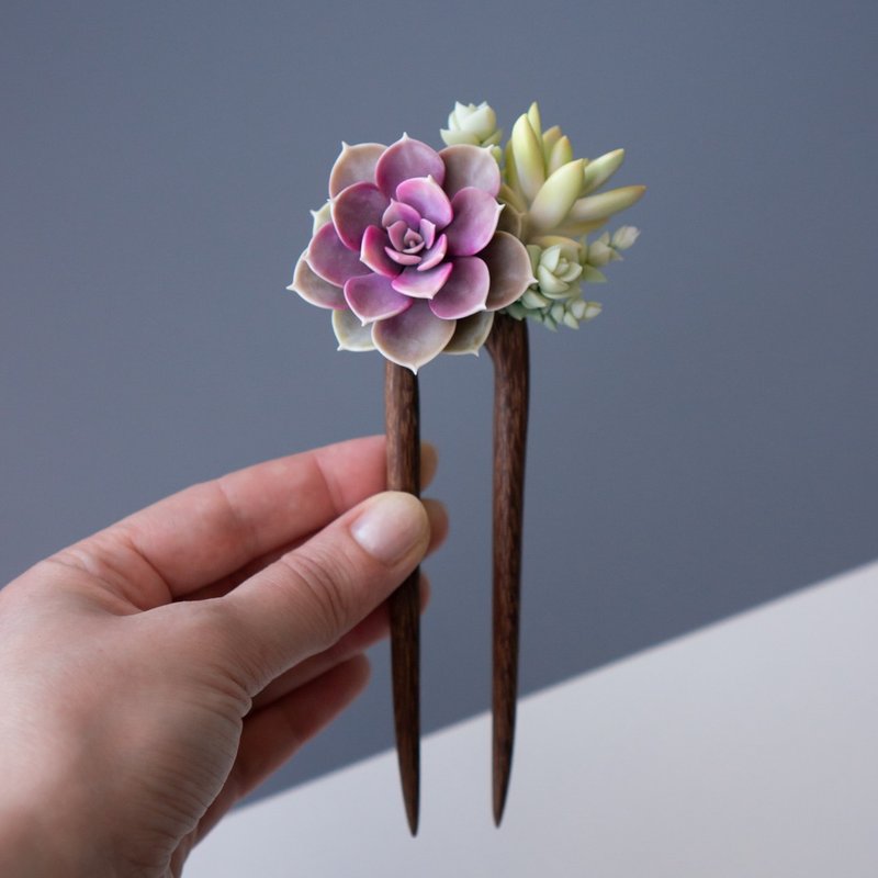 木质发簪搭配粉红色 Echeveria PVN - 发饰 - 其他材质 