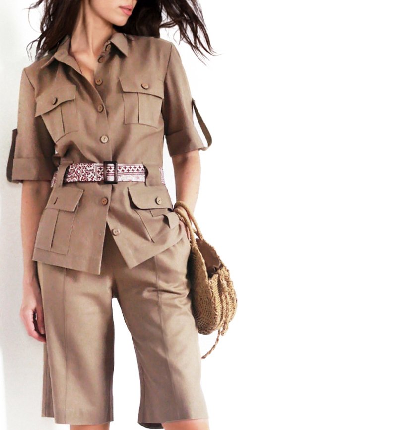 夏季套装 Safari 风格 衬衫搭配短裤。 米色+任何颜色都适合。 XS - 背带裤/连体裤 - 棉．麻 卡其色