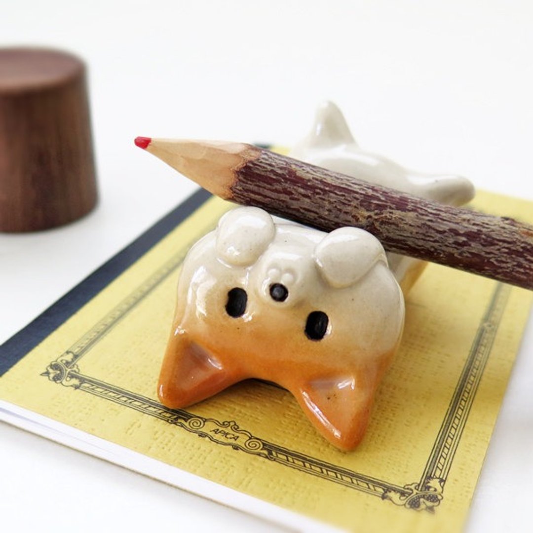 White Ceramics figurine "The pen rest of Shiba Inu shape" NEW 2 Shiba workshop - 摆饰 - 陶 橘色