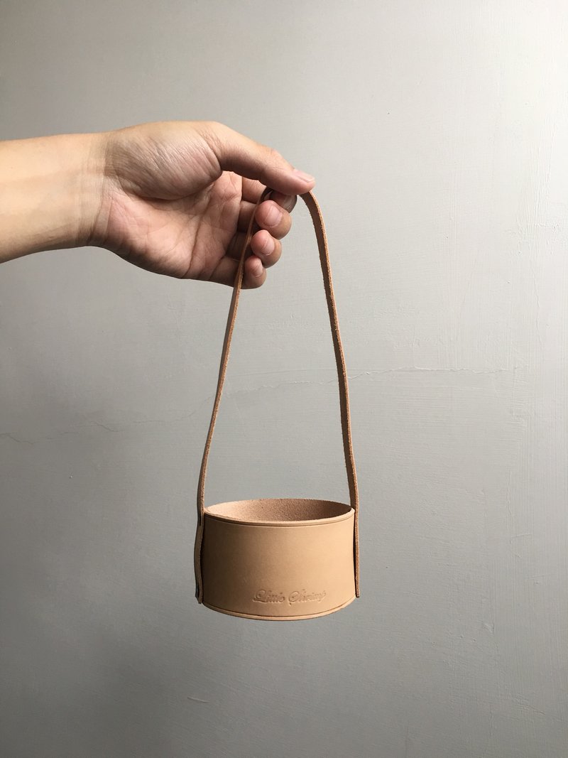 皮革饮料提袋 饮料杯套 环保提袋 咖啡 护套 随行杯 可印字 可水洗 - 随行杯提袋/水壶袋 - 真皮 卡其色