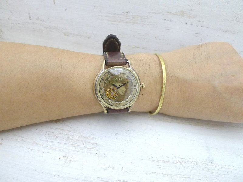 Handmade Wrist Watch Automatic Open Heart 36mm Brass (Brass) Roman Numerals Hand-sewn Band (BAM060 Rome) - 女表 - 铜/黄铜 金色