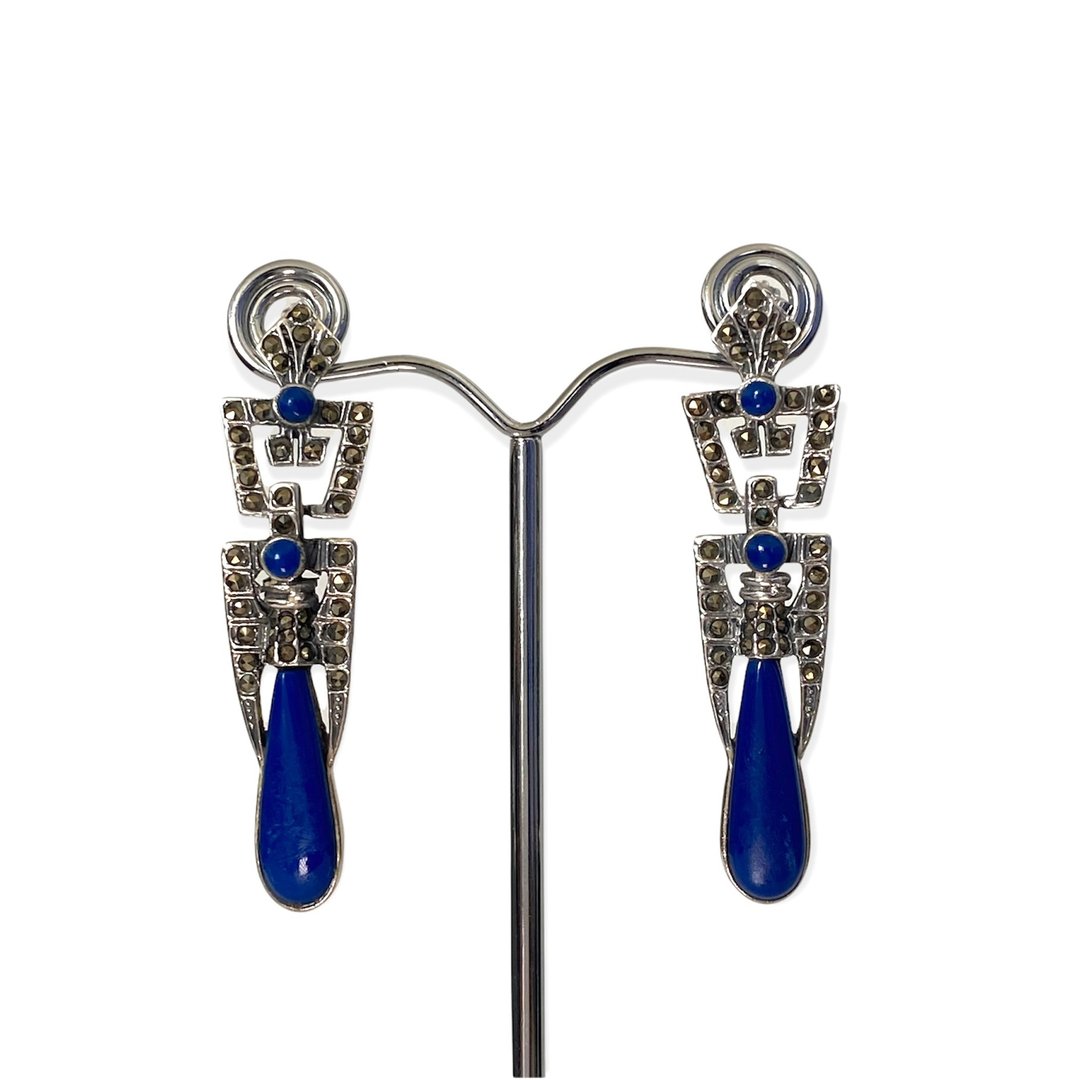 Art Deco Style Lapis Lazuli & Marcasite Drop Earrings / Set 925 Sterling Silver - 耳环/耳夹 - 纯银 蓝色