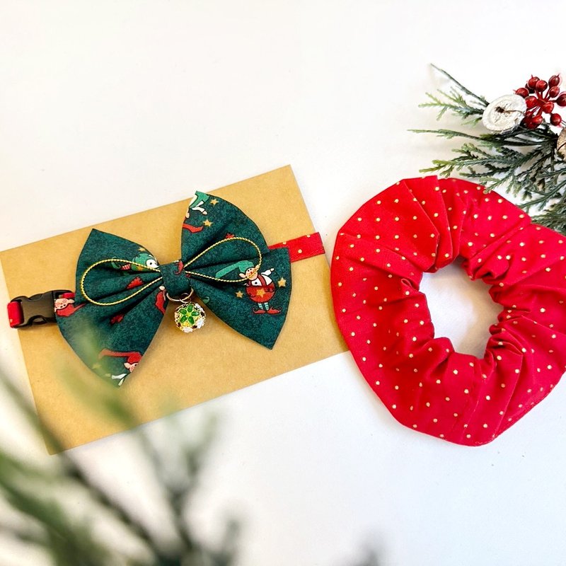 手工宠物围兜 宠物领结 圣诞领结 主人发圈 两款一组 - 项圈/牵绳 - 棉．麻 绿色