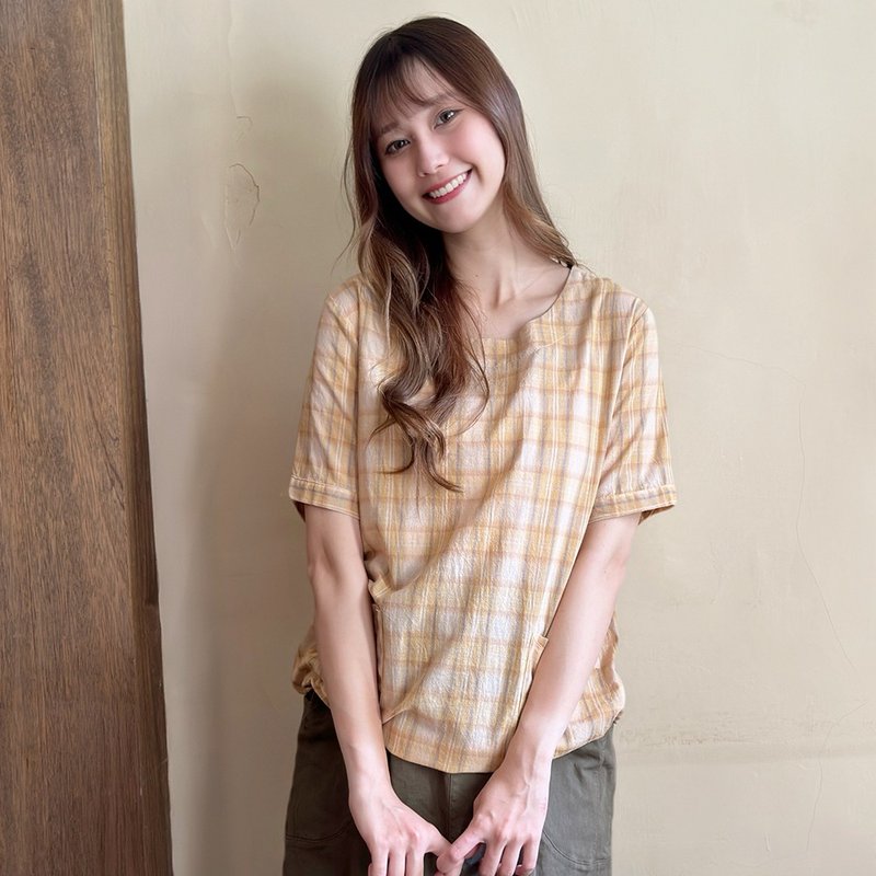 Hana Mokuba 格纹圆领侧收口上衣 - 女装上衣 - 其他材质 