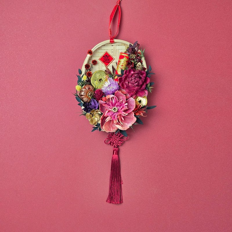 【现货】不凋索拉花混干燥花开运吉祥米筛挂饰-招财进宝款14cm - 干燥花/捧花 - 植物．花 红色