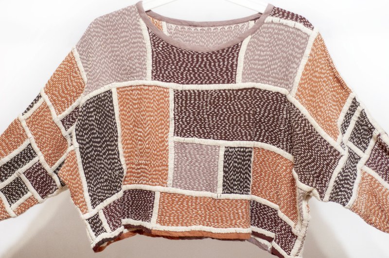 植物染刺绣上衣 有机纯棉手绣短版上衣 手织布七分袖刺子绣-夕阳 - 女装上衣 - 棉．麻 多色