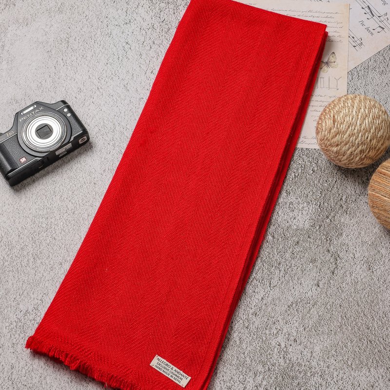 【窄版】喀什米尔羊毛围巾 斜纹红色 脖围 手工机织 - 围巾/披肩 - 羊毛 红色