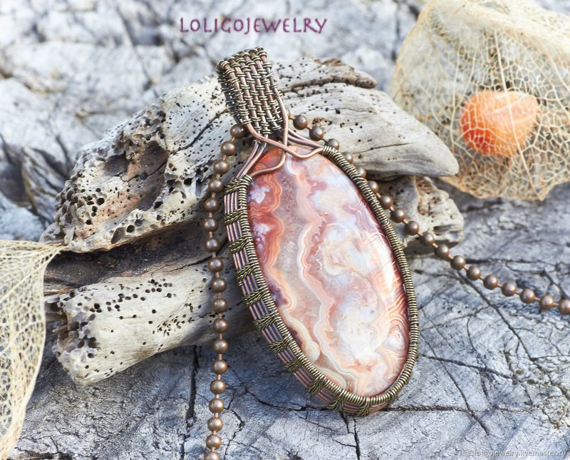 蕾丝玛瑙坠饰 手工铜线缠绕 - 项链 - 宝石 粉红色