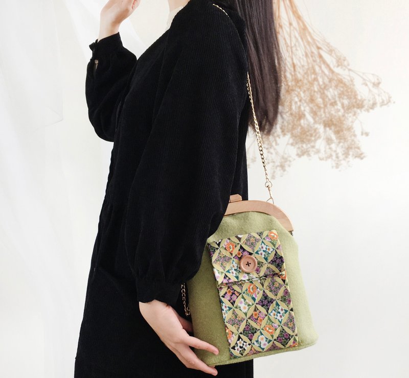 绿映 木 口金包 斜挎包 单肩背包 侧背包 毛呢包包 手袋 - 侧背包/斜挎包 - 聚酯纤维 绿色