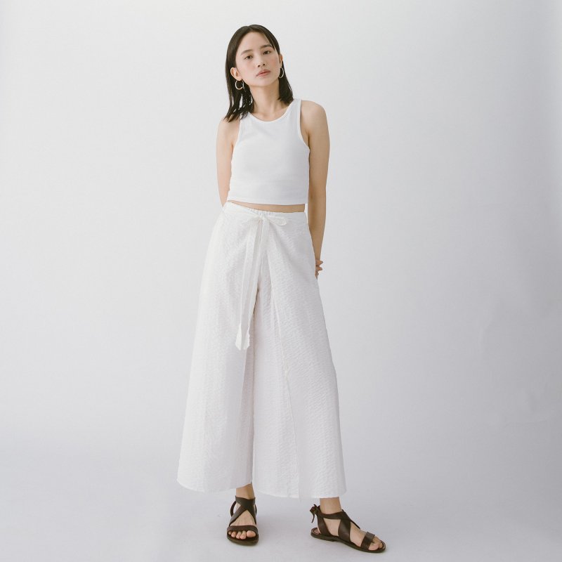 前绑带开衩裤 - 白 - 女装长裤 - 棉．麻 白色