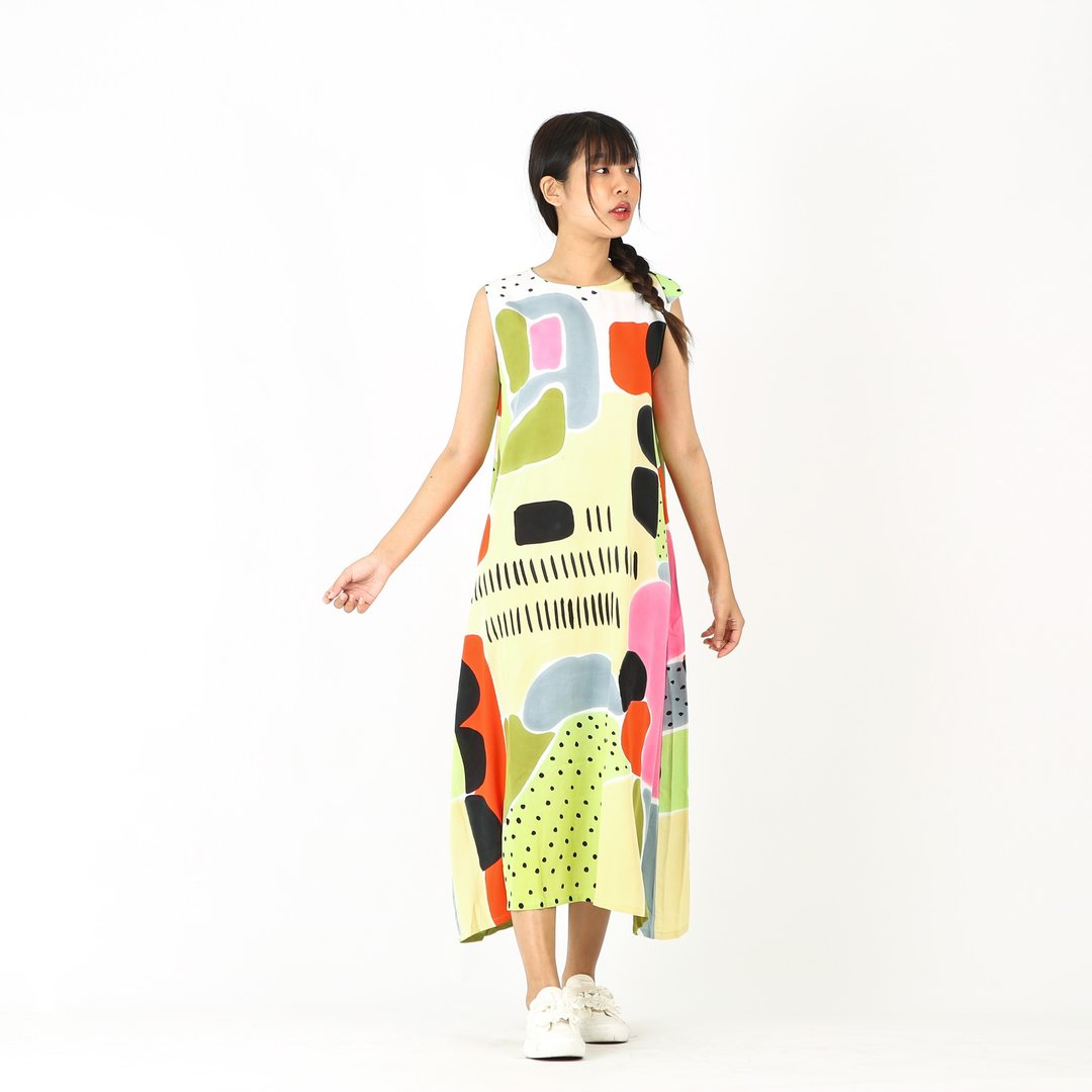 Long Dress Cotton Rayon Hand Paint Free size - 洋装/连衣裙 - 棉 绿色