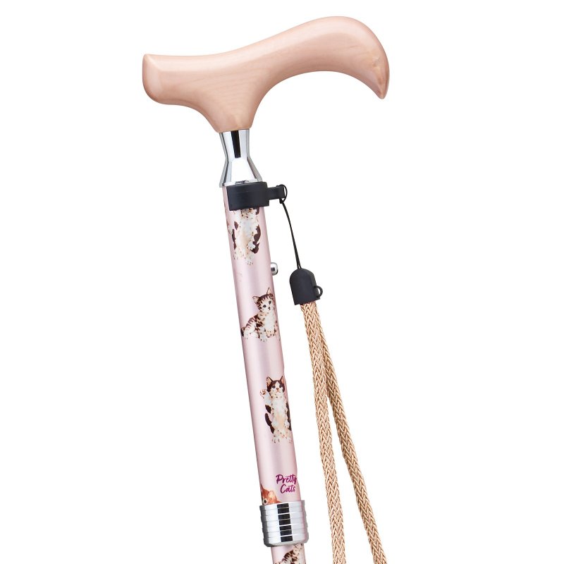 pretty cats 猫咪图案 折叠铝制手杖・浅粉色 75-85cm 纤细颈部 木质握把 挂绳 收纳袋 - 其他 - 铝合金 粉红色