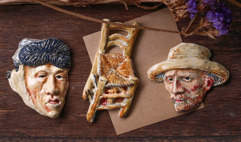 Ceramic Vangogh set Brooch/Magnet - 胸针 - 陶 咖啡色