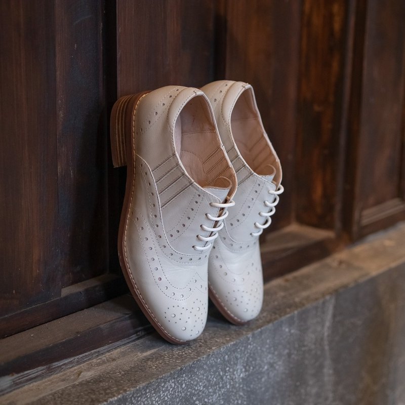 雀尔牛津_米白 - 女款牛津鞋/乐福鞋 - 真皮 白色