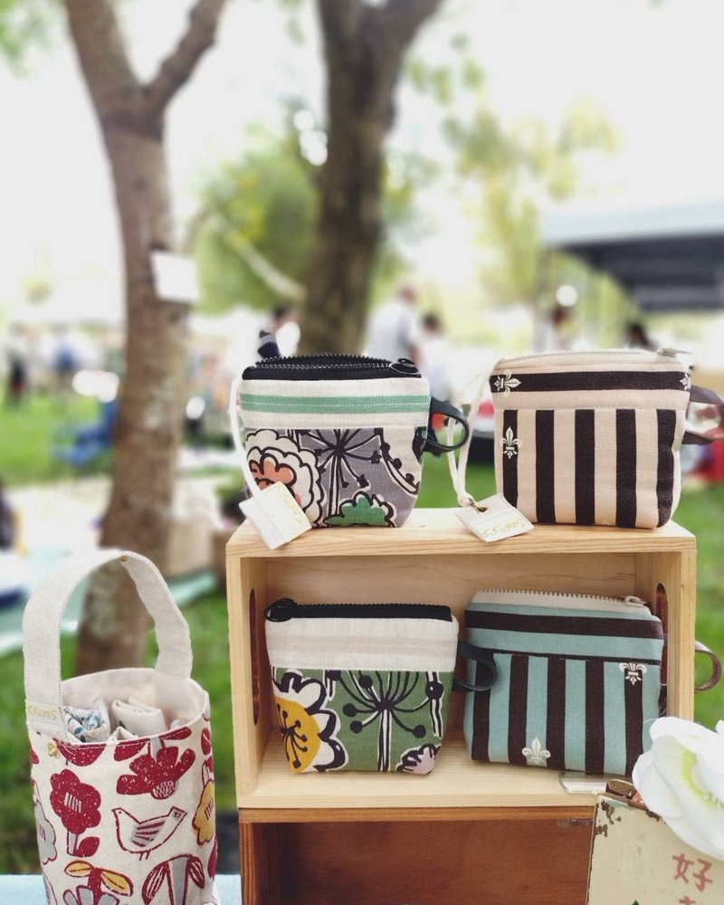 【FCP/来杯茶小物包】欧风条纹 蓬蓬铺棉 日本布 棉麻 先染 - 零钱包 - 棉．麻 咖啡色