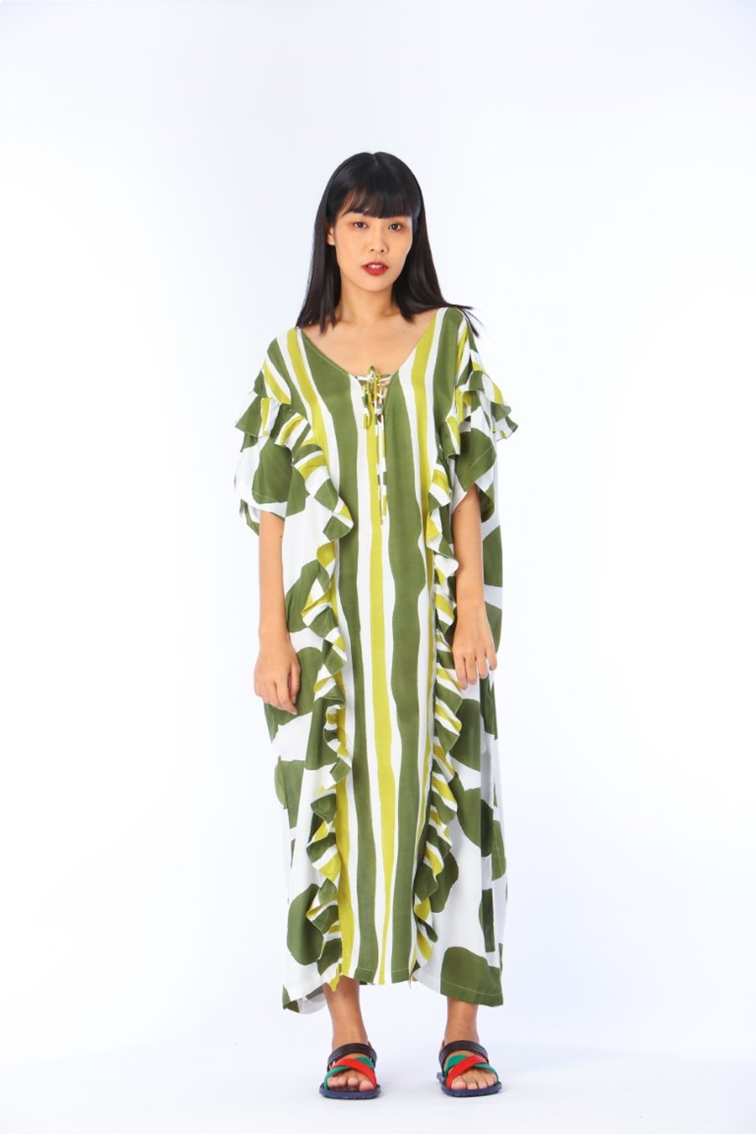 Kaftan V Nack Cotton Silk Hand paint SS19-03 - 洋装/连衣裙 - 棉 绿色