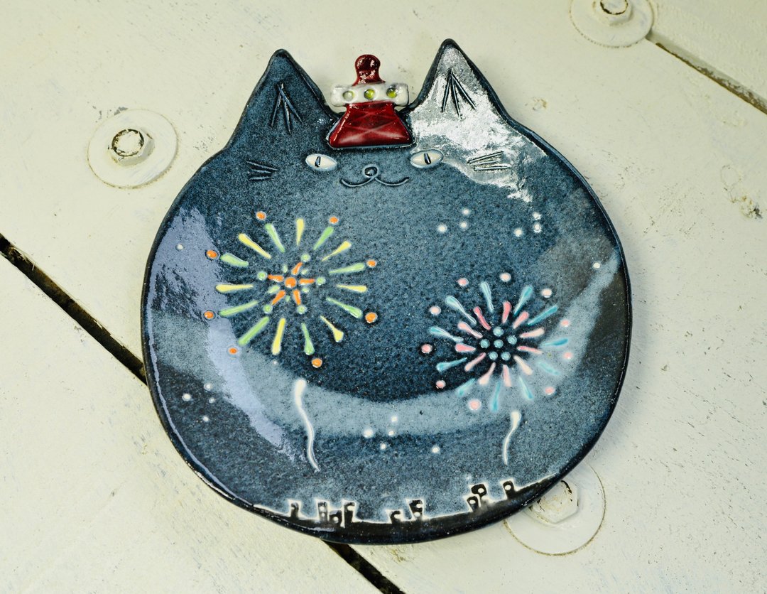 猫咪陶盘  TOKYO-FIREWORKS 大尺寸 - 盘子/餐盘/盘架 - 陶 蓝色