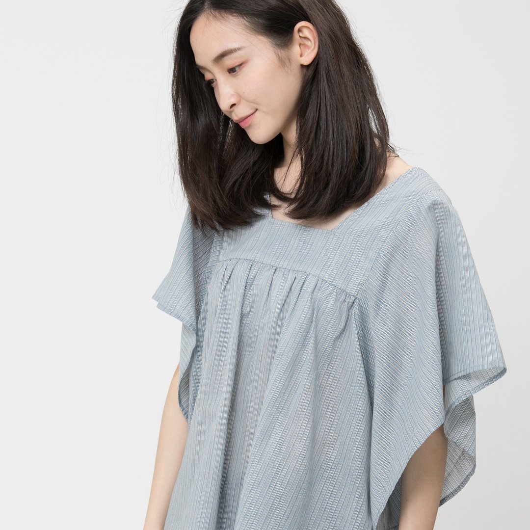 Olina 宽袖剪接上衣/蓝细丝 - 女装上衣 - 棉 蓝色