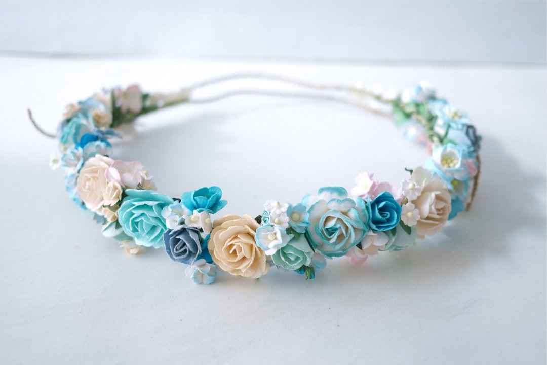 Paper Flower, Crown, Headband, Wedding, rose and budding roses, mint, blue sky, ivory, soft pink and soft blue brush Color. - 发饰 - 纸 透明