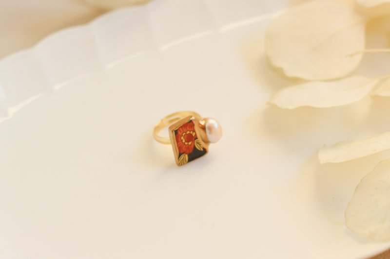 有田烧 金继 戒指 橘色 花纹 14K 镀金 自由尺寸 淡水珍珠 传统工艺 a14 - 戒指 - 陶 橘色