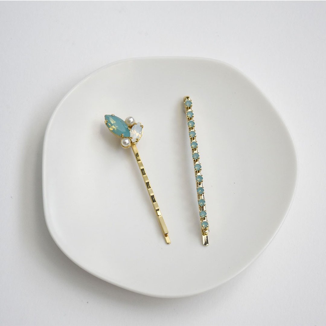 【春夏新品】绿蛋白水晶珍珠手工发夹套组 - 发饰 - 铜/黄铜 绿色