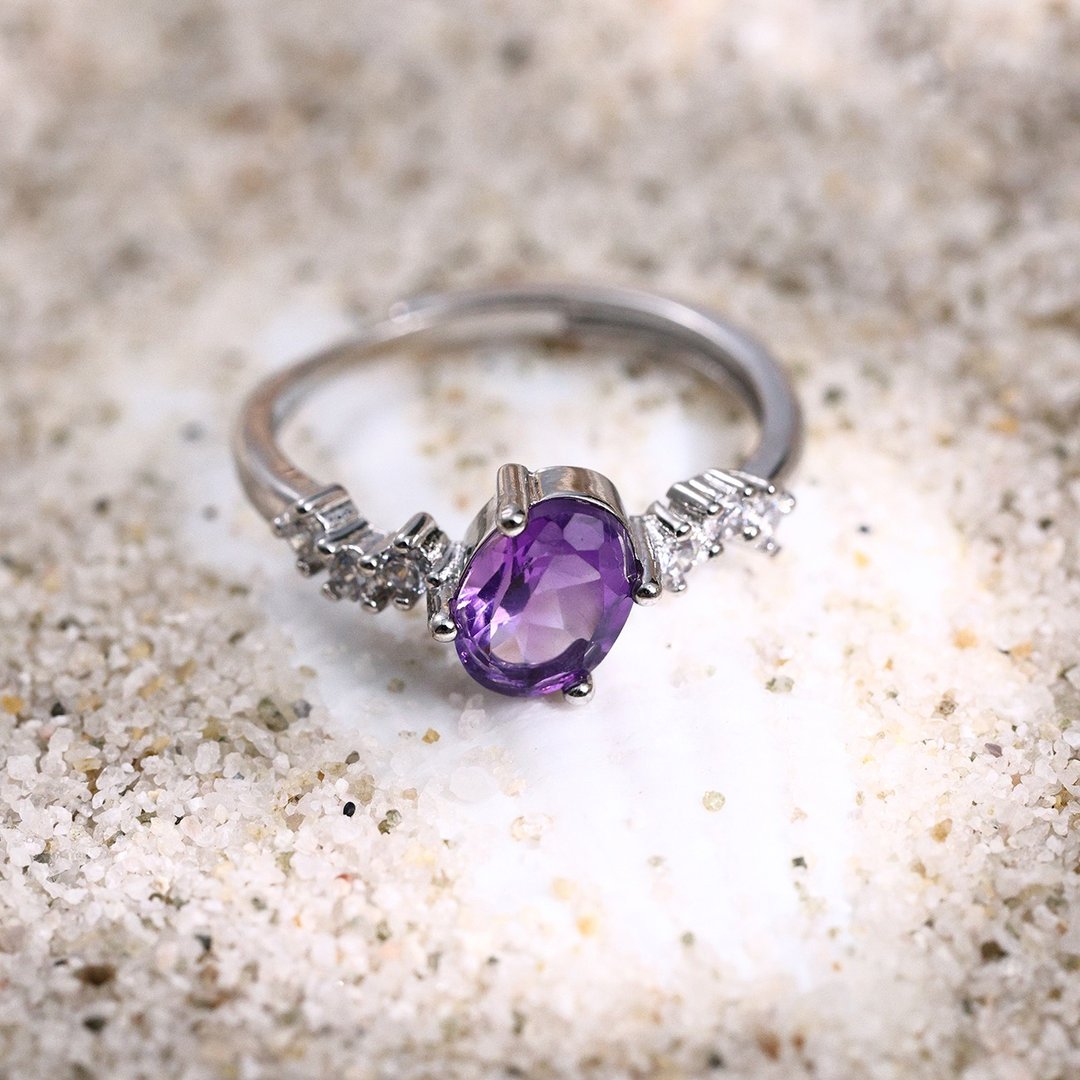 S925银镀层天然紫水晶简约戒指 6×8mm 可调节 2月诞生石 CB026 - 戒指 - 水晶 紫色