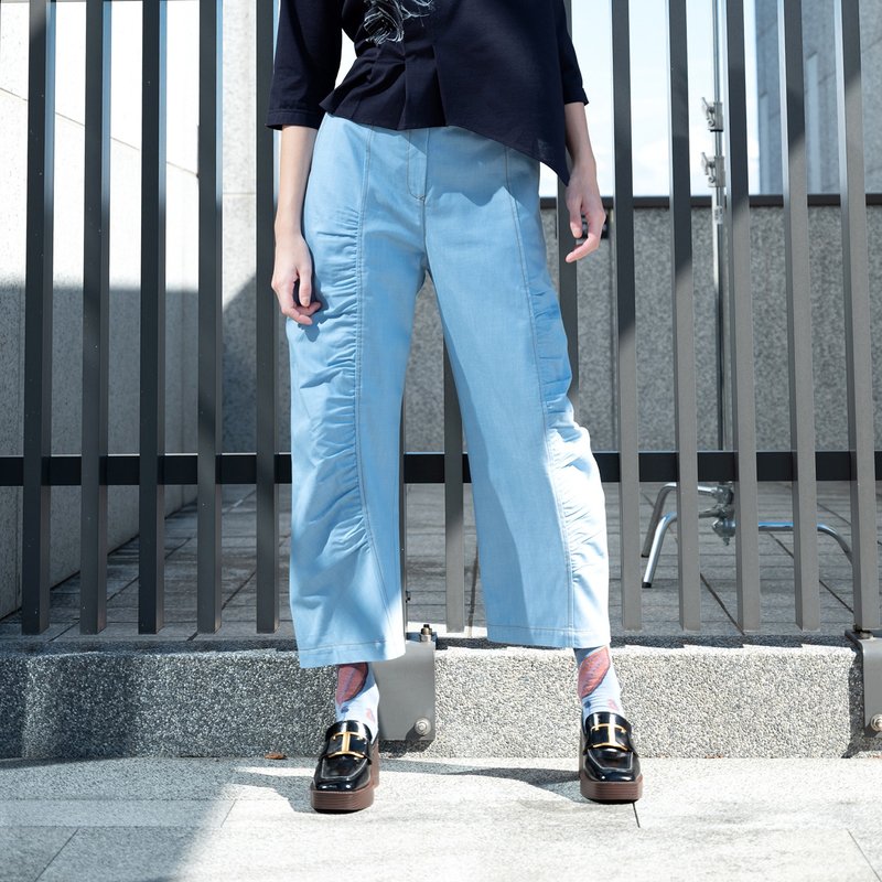 立体抽褶牛仔裤 - 女装长裤 - 棉．麻 蓝色