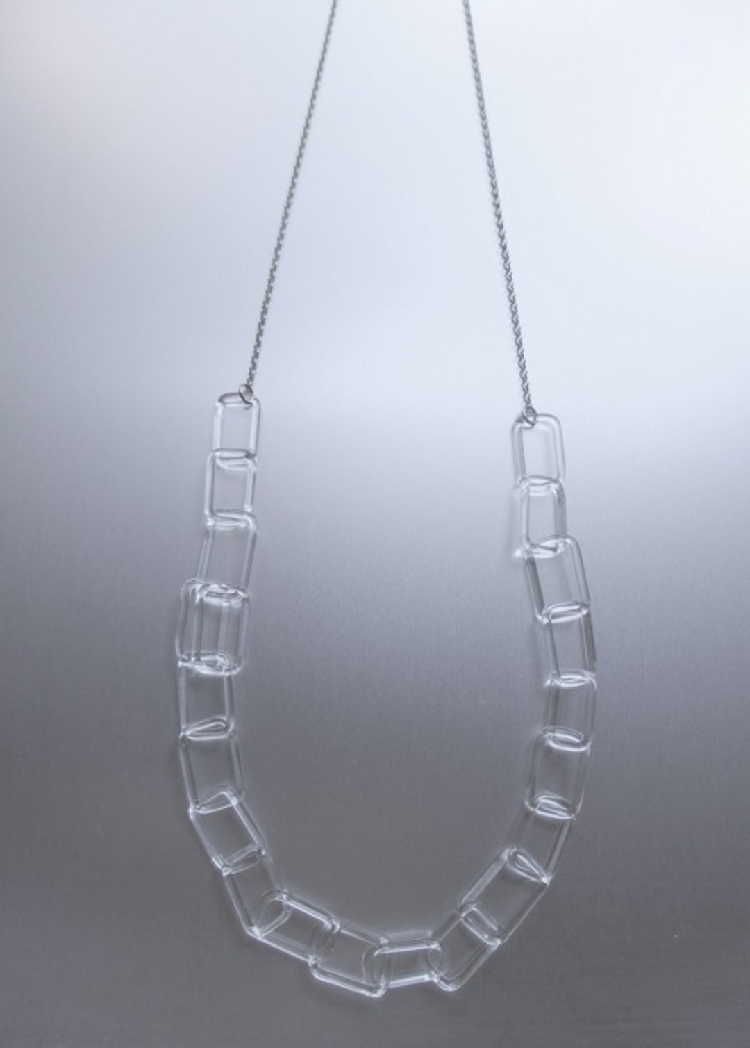 Square chain long Necklace Silver - 长链 - 玻璃 透明