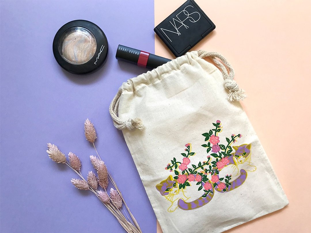 Drawstring Bag  // Screen Print // Two of Me // Cats - 化妆包/杂物包 - 棉．麻 多色