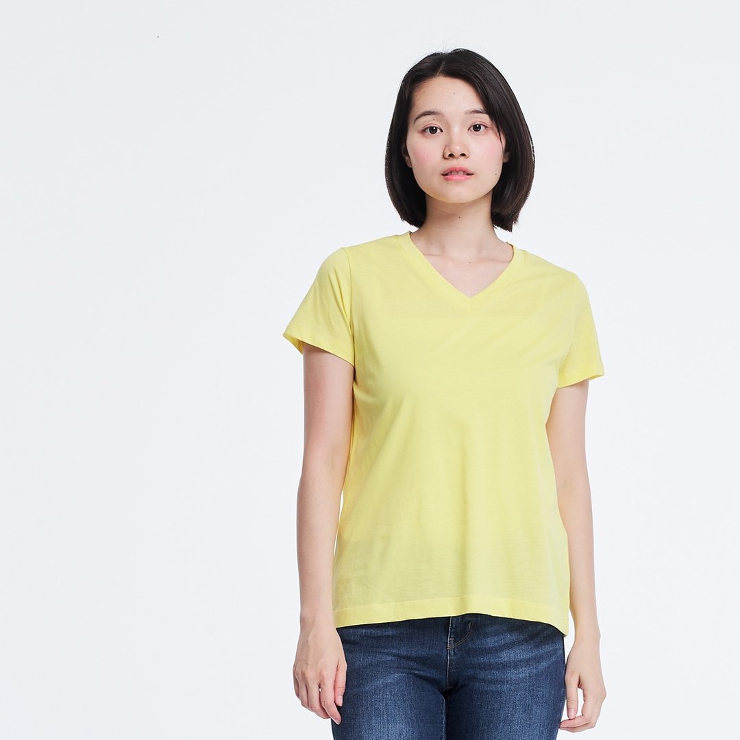 珠光棉V領TEE/蒲公英黃 - 女装 T 恤 - 棉 黄色