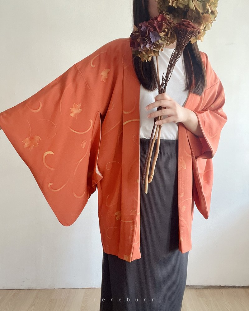 日本制和风印花薄款橘红色枫叶古着羽织和服外套 - 女装休闲/机能外套 - 聚酯纤维 橘色