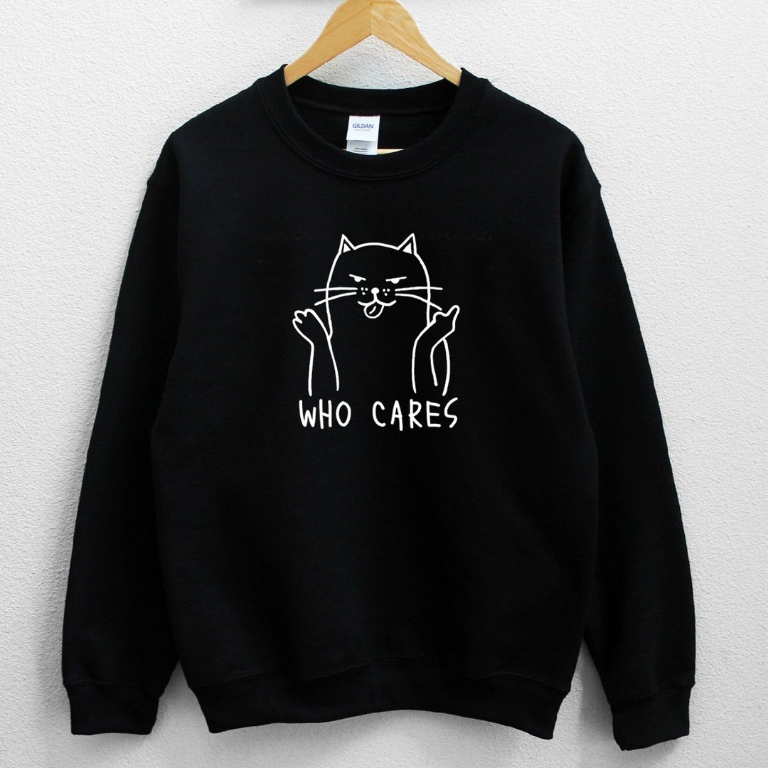 Who Cares Cat #2 中性大学T 刷毛 黑色 狗猫毛小孩圣诞交换礼物 - 中性连帽卫衣/T 恤 - 棉 黑色