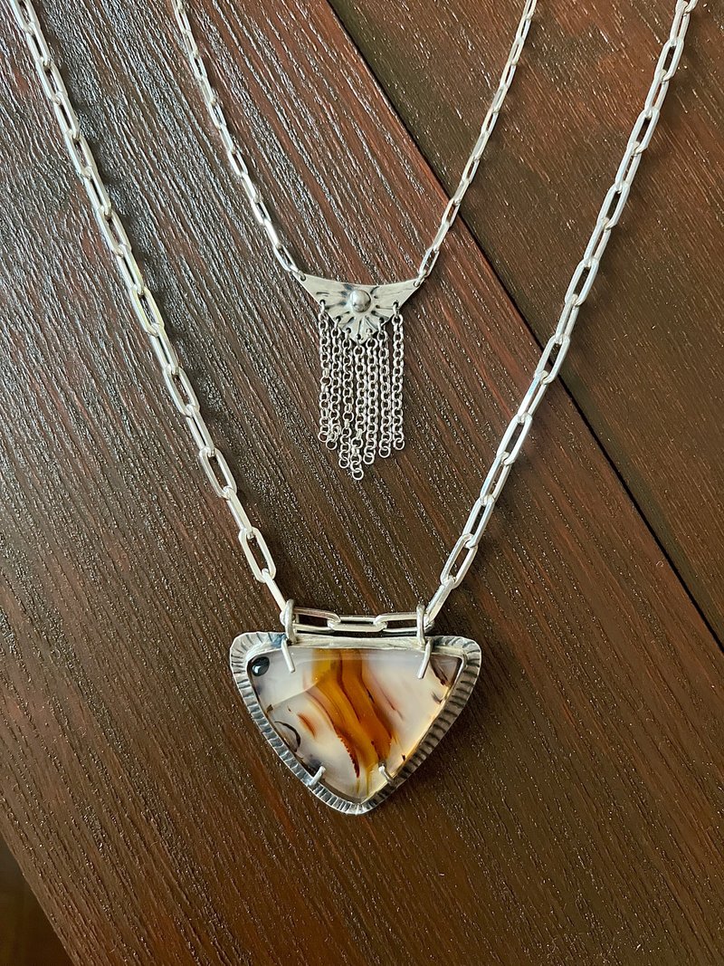 蒙大拿玛瑙与链身流苏双链项链 - 项链 - 纯银 银色