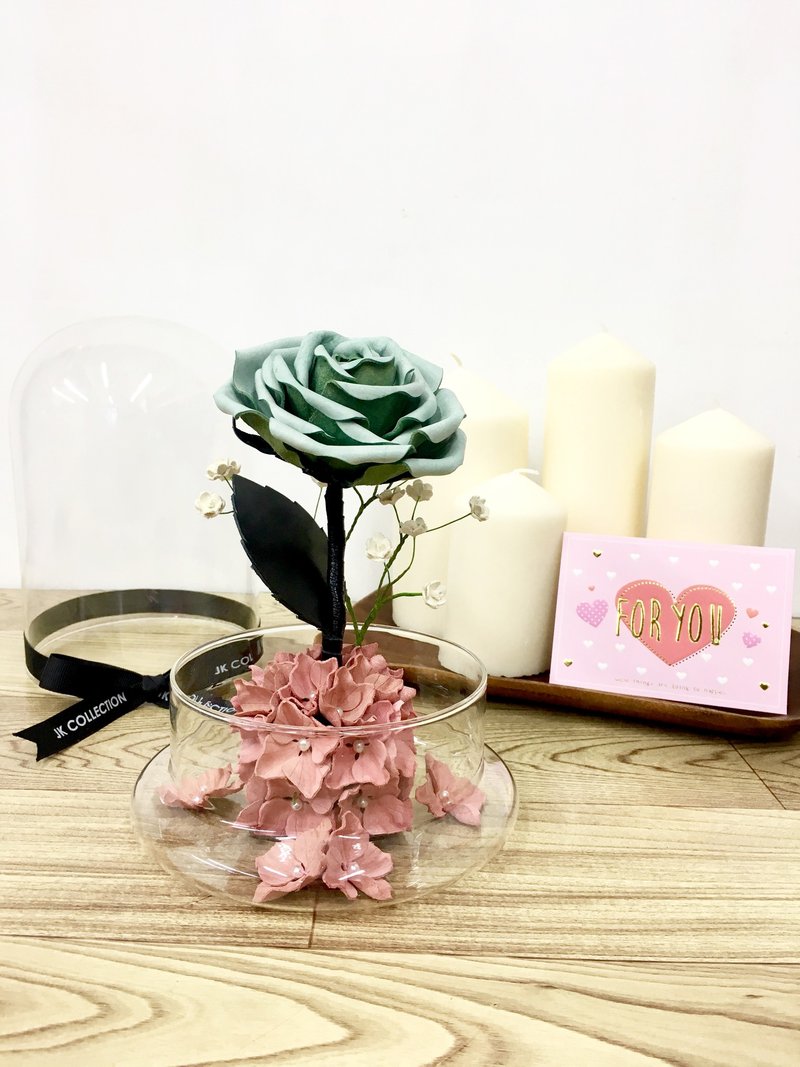 【定制化礼物】霜降湖水绿皮革蔷薇玫瑰玻璃瓶【花】 - 摆饰 - 真皮 绿色