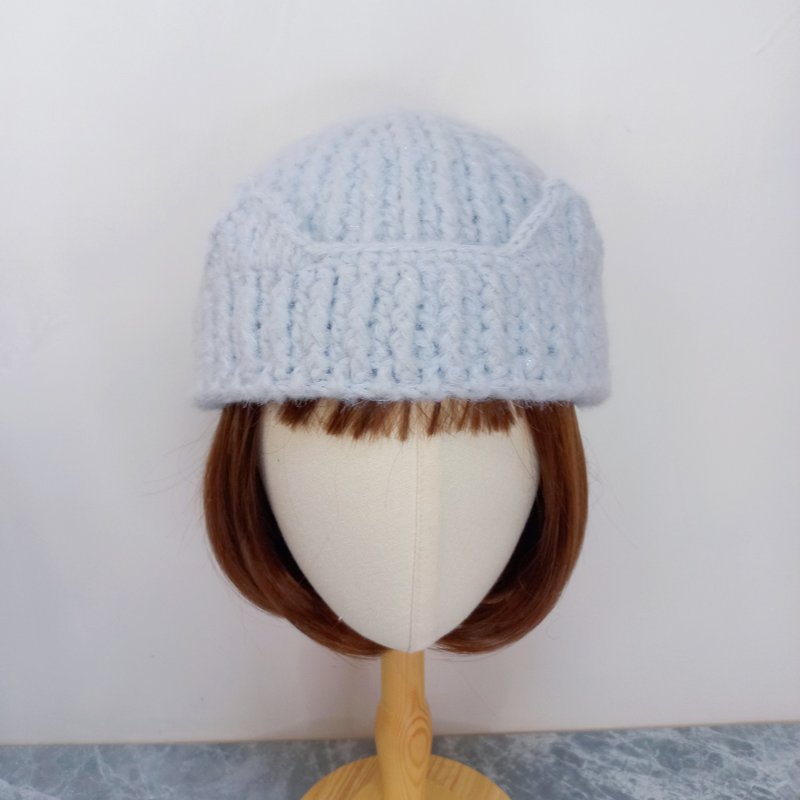 Baby 蓝银丝反折猫耳帽 毛线帽 手钩编织帽 - 帽子 - 羊毛 蓝色