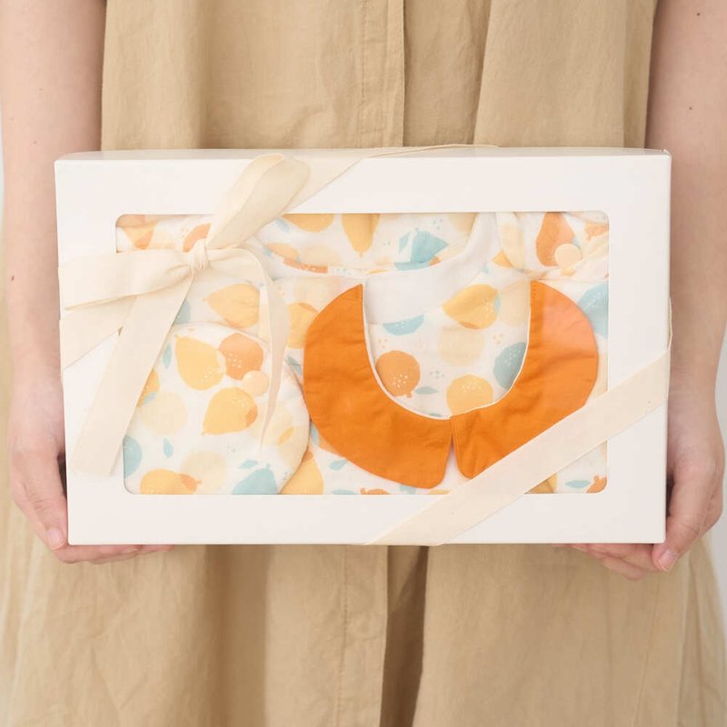 【宝宝弥月礼盒】豪华3件组/宝柚桔利/活力黄绿 - 满月礼盒 - 棉．麻 橘色