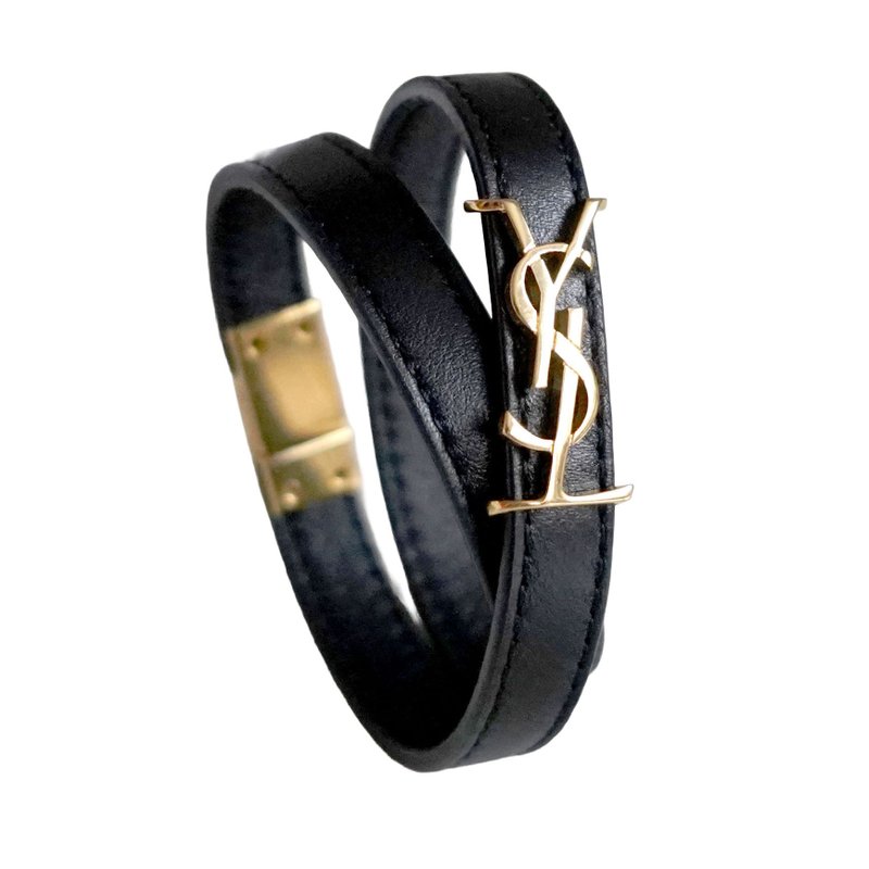 YSL SAINT LAURENT 黑色 YSL 金色LOGO真皮双圈磁石开口扣 - 手链/手环 - 真皮 黑色