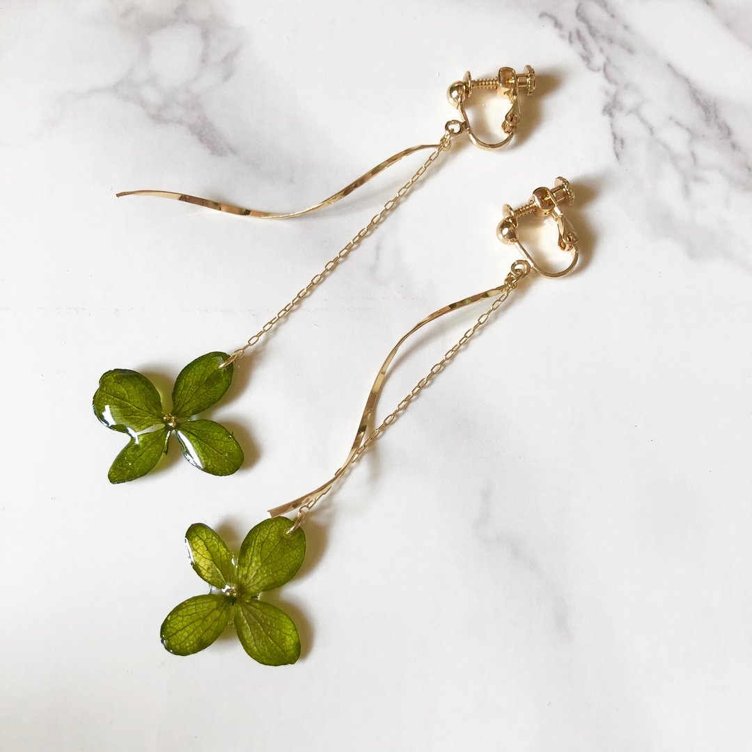 Slim hydrangea chain earrings*Green* - 耳环/耳夹 - 植物．花 绿色