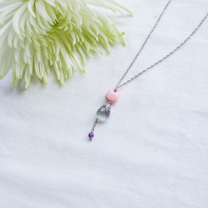 │猫咪摇尾巴│胭脂贝雕天然石短项链 - 颈链 - 贝壳 粉红色