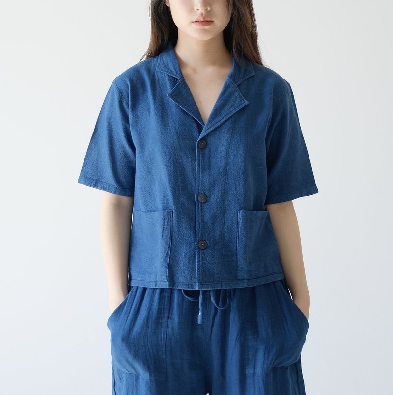【棉質手工蓝染】西装领口袋/寬鬆三色襯衫 - 女装衬衫 - 棉．麻 蓝色