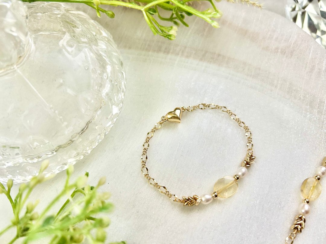 椭圆形黄水晶爱心磁扣手链 磁扣式手链 黄水晶 淡水珍珠手链 - 手链/手环 - 宝石 金色