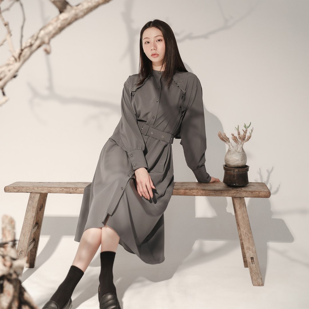 Feifei_飞飞荷叶洋装_ 25AF103_灰 - 洋装/连衣裙 - 聚酯纤维 灰色