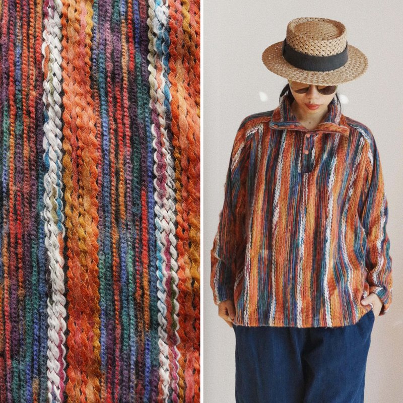 彩色粗條紋 冬季中性半開領套頭衫 肌理編織人棉 按扣款 - 女装上衣 - 棉．麻 橘色