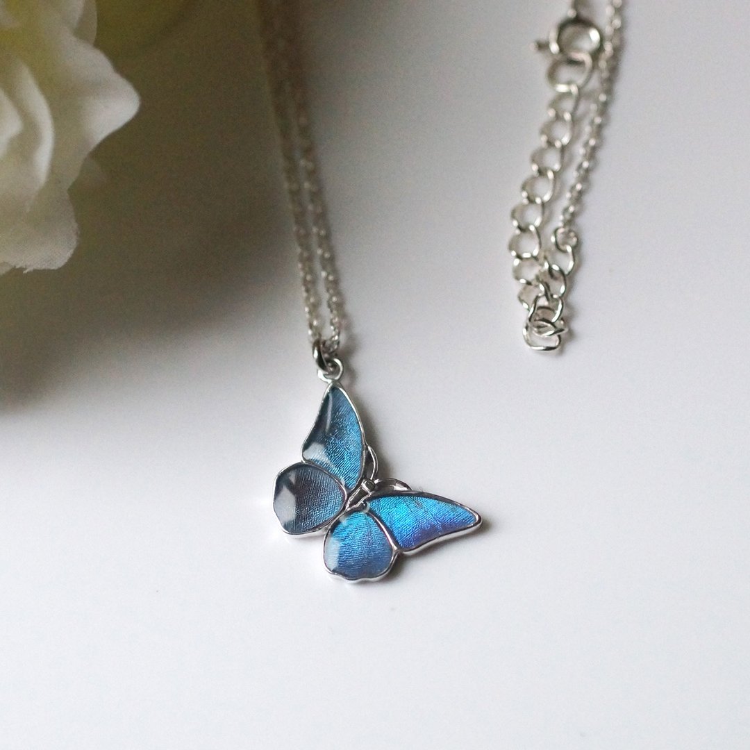 Morpho butterfly small pendant licked Silver - 项链 - 其他金属 蓝色