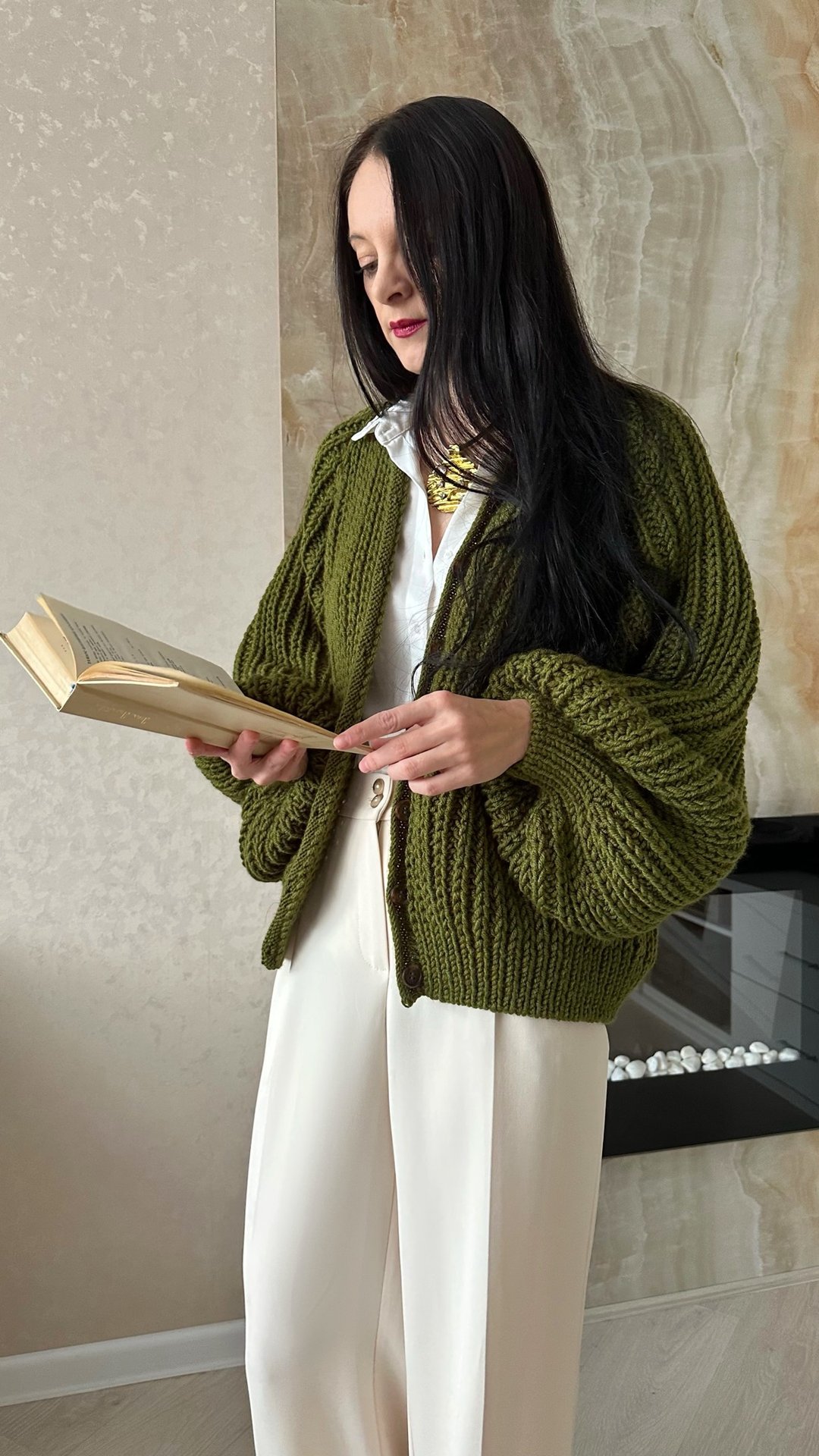 粗针织毛衣 绿色毛衣 女款手织毛衣 - 女装针织衫/毛衣 - 羊毛 