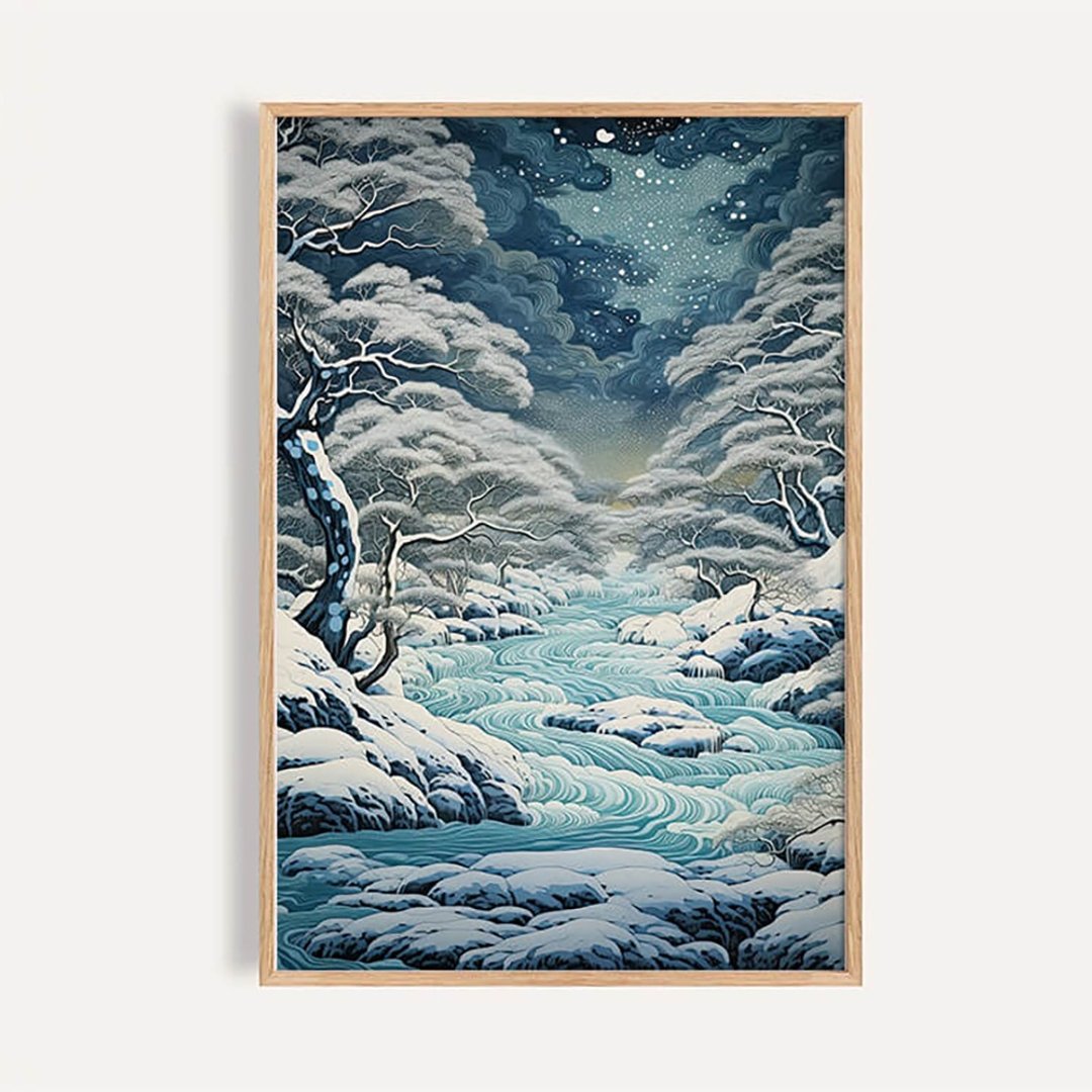雪夜松川 / 日式现代浮世绘雪景松林装饰画 - 海报/装饰画/版画 - 纸 